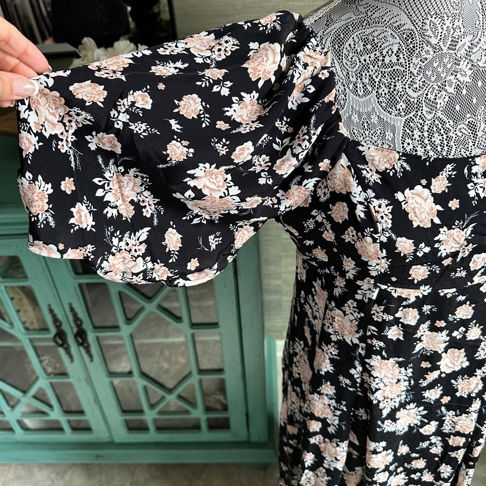 River Island Black Floral Puff Sleeve Maxi Dress,Square Neck Cottagecore Size 10 - Picture 5 of 16